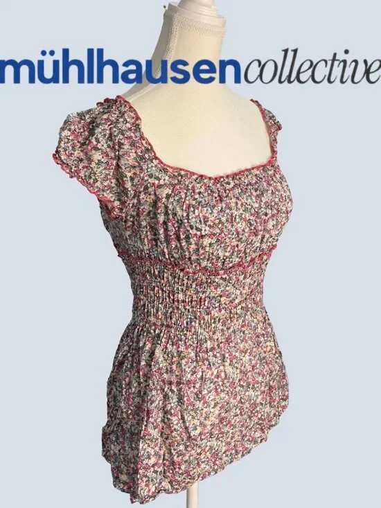 Blue Crush Floral Smocked Babydoll Top Size Small Cottagecore - Picture 2 of 4